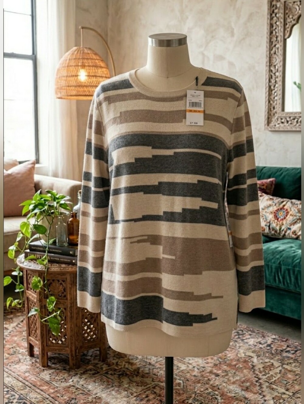 Boho Cozy Sweater Relaxed Fit Crew Southwest Geometric Soft Stretch Capsule New